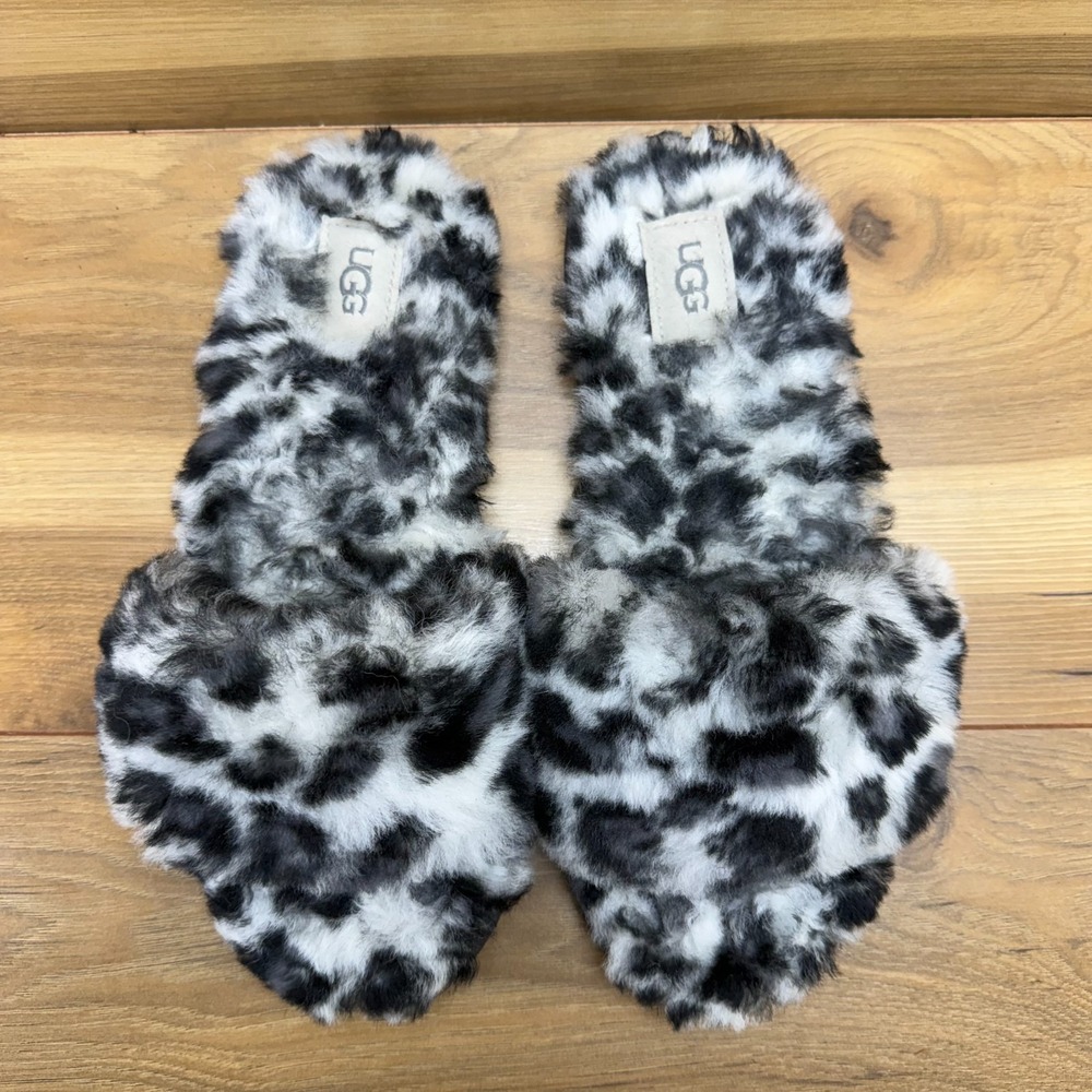 UGG Fluff Slide Slipper Thong Sandals Womens 8 Snow Leopard Animal Print Sherpa